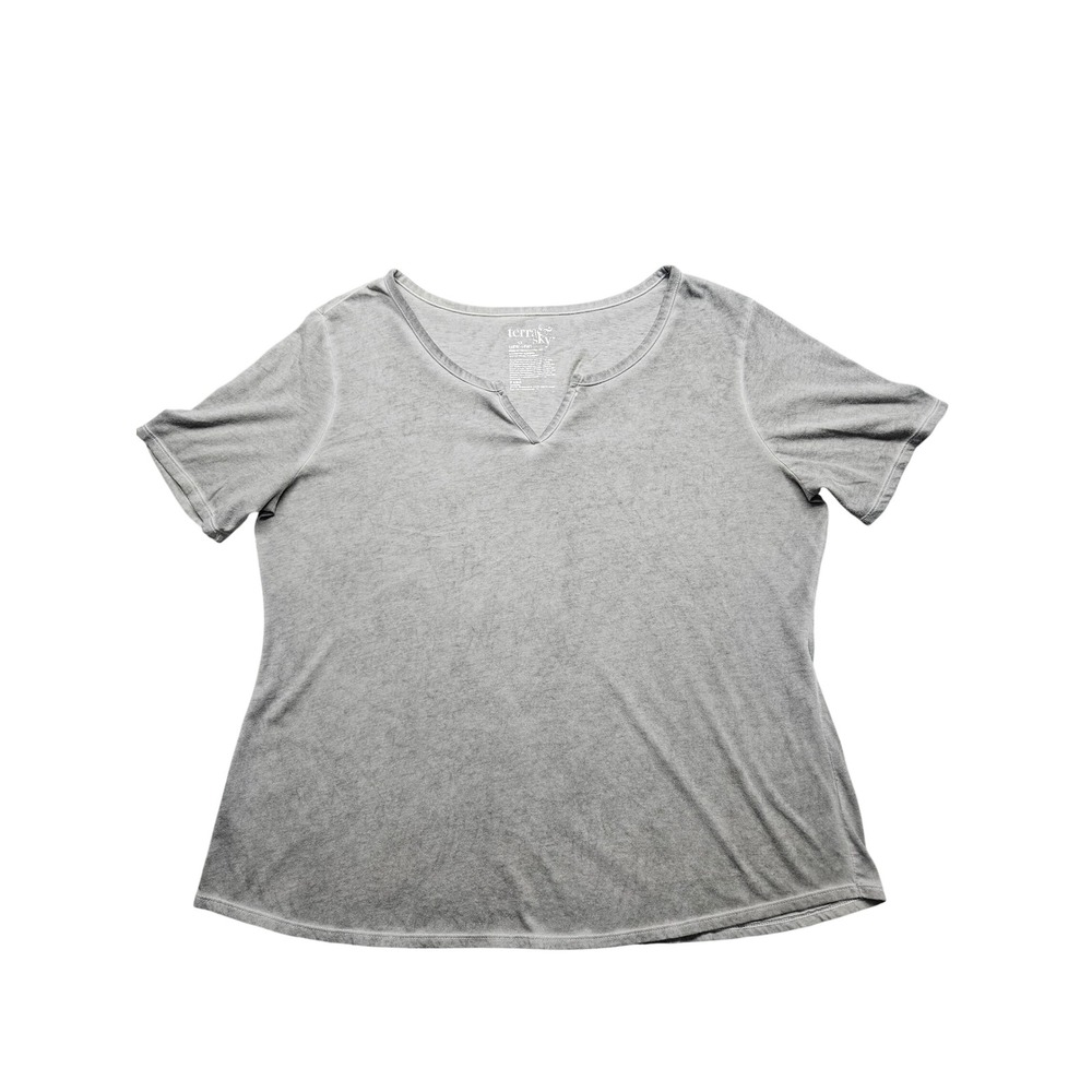 Terra & Sky Womens 1X Grey Mineral Wash V-Neck Short Sleeve T-Shirt Plus